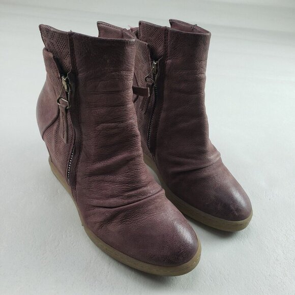 Miz Mooz Alexandra Ankle Boot Womens 7.5-8 EU 38 Brown Leather Side Zip Wedge - Picture 2 of 11